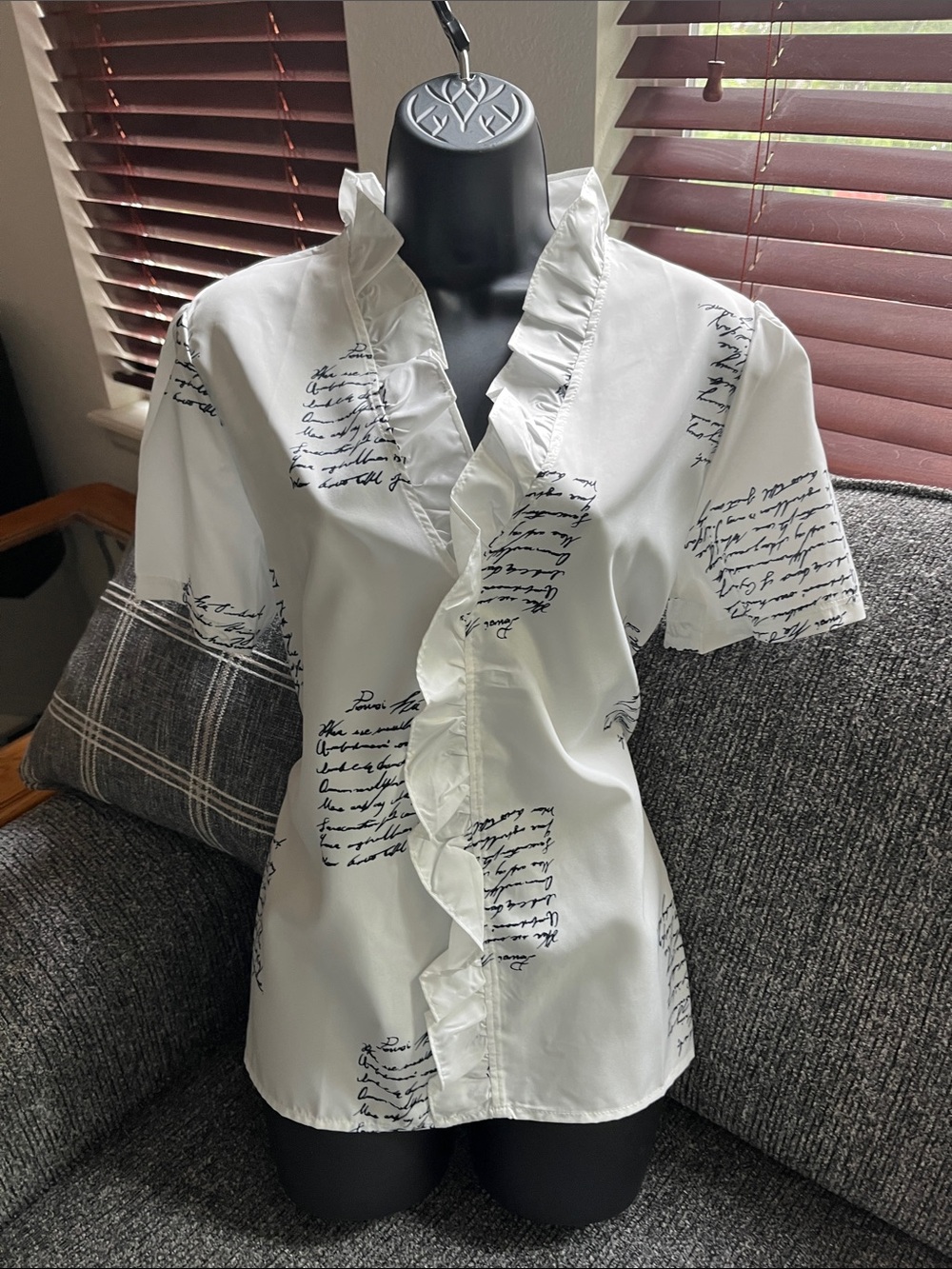 White Ruffle Front Script silky Print Blouse.